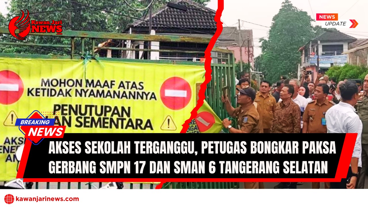Doc. Petugas gabungan dari unsur pemerintahan dan keamanan membongkar paksa gerbang SMP Negeri 17 Tangerang Selatan yang sebelumnya dikunci oleh warga. Aksi ini dilakukan demi membuka akses masuk sekolah usai penutupan yang dipicu kekecewaan warga terhadap hasil seleksi penerimaan murid baru. (Foto: NR - kawanjarinews.com).