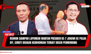 Doc. Ilustrasi: Rismon Hasiholan Sianipar, dosen asal Pematang Siantar yang melaporkan mantan Presiden Jokowi ke Polda DIY atas dugaan penyebaran berita bohong. Presiden Ke-7 Joko Widodo (tampak dari belakang) saat berjabat tangan dengan Kasmujo, dosen UGM yang disebut-sebut sebagai pembimbing skripsi Jokowi dan Fredy Alex Damanik, Wakil Ketua Umum Relawan Projo yang memberikan tanggapan atas laporan tersebut. (Foto Ilustrasi: NR – kawanjarinews.com).