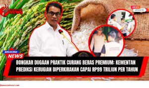 Doc. Ilustrasi: Menteri Pertanian Amran Sulaiman (kiri) menyampaikan pernyataan tegas terkait dugaan praktik pengoplosan beras premium. Di latar belakang, ilustrasi gabah dan beras menggambarkan pentingnya menjaga kualitas pangan nasional. Sementara itu, tim Satgas Pangan Polri (kanan) terlihat melakukan pemeriksaan lapangan ke sejumlah lokasi produsen dan distributor beras dalam rangka menindaklanjuti laporan pengoplosan yang merugikan masyarakat hingga Rp99 triliun per tahun. (Ilustrasi: NR – kawanjarinews.com).