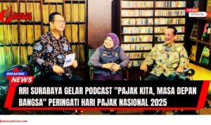 Doc. Host Mas Jo (kiri) bersama narasumber Siti Rahayu, SE., M.Si., Penyuluh Pajak Ahli Madya dari Direktorat Jenderal Pajak (tengah), dan Yulianto Kiswocahyono, SE., SH., BKP, Konsultan Pajak (kanan), saat membahas pentingnya kesadaran perpajakan dalam rangka memperingati Hari Pajak Nasional, 14 Juli 2025. Suasana diskusi berlangsung hangat dan informatif di studio RRI Surabaya, dikelilingi koleksi piringan hitam dan kaset yang menciptakan nuansa klasik dan edukatif. (Foto: Eko Wahyu – kawanjarinews.com).