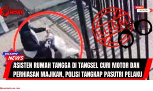 Doc. Tangkapan layar CCTV saat pelaku yang diduga asisten rumah tangga berinisial “P” membawa kabur sepeda motor milik majikannya di kawasan perumahan Tangerang Selatan. Aksi pencurian ini dilakukan secara diam-diam dan terekam jelas oleh kamera pengawas. (Foto: NR – kawanjarinews.com).