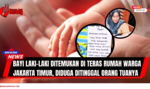 Doc. Latar belakang ilustrasi tangan bayi menggambarkan kondisi rentan dan membutuhkan perlindungan. Kloase atas menampilkan seorang warga yang pertama kali menemukan dan menggendong bayi laki-laki yang ditinggalkan di teras rumahnya, di kawasan Pulau Gebang, Jakarta Timur. Kloase bawah memperlihatkan secarik surat tulisan tangan yang diduga ditinggalkan oleh orang tua bayi. Dalam surat tersebut, pelaku meminta agar bayi dirawat sementara waktu karena alasan yang belum diketahui pasti. Foto disajikan untuk kepentingan jurnalistik dengan tetap memperhatikan etika dan perlindungan identitas anak. (Foto: NR – kawanjarinews.com).