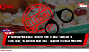 Doc. Ilustrasi latar belakang menampilkan berbagai jenis obat dan suntikan medis sebagai representasi visual konteks penyalahgunaan obat keras. Simbol "ILLEGAL" berwarna merah dan gambar borgol turut memperkuat pesan bahwa aktivitas tersebut merupakan tindak kriminal. Catatan: Gambar ini hanya bersifat ilustratif, tidak menggambarkan barang bukti atau lokasi sebenarnya dalam kasus pengungkapan rumah industri pembuatan etomidate di Tangerang. (Ilustrasi: NR – kawanjarinews.com).
