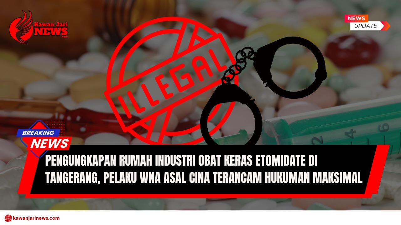 Doc. Ilustrasi latar belakang menampilkan berbagai jenis obat dan suntikan medis sebagai representasi visual konteks penyalahgunaan obat keras. Simbol "ILLEGAL" berwarna merah dan gambar borgol turut memperkuat pesan bahwa aktivitas tersebut merupakan tindak kriminal. Catatan: Gambar ini hanya bersifat ilustratif, tidak menggambarkan barang bukti atau lokasi sebenarnya dalam kasus pengungkapan rumah industri pembuatan etomidate di Tangerang. (Ilustrasi: NR – kawanjarinews.com).