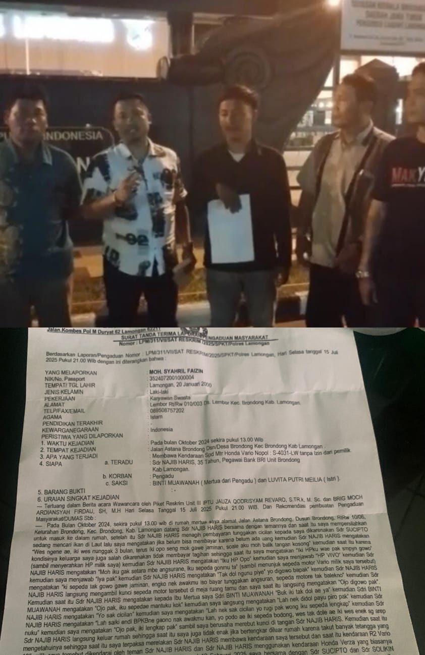Doc. Advokat John Sambo, S.H., M.H. bersama tim pendamping hukum dan pelapor Moh. Syahril Faizin (memegang dokumen), saat memberikan keterangan kepada awak media usai menyerahkan laporan dugaan perampasan kendaraan oleh oknum terduga pegawai BRI Brondong di depan Polresta Lamongan, Selasa malam (15/7/2025). (Foto Dokumentasi: Sukindar).