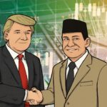 Doc. Ilustrasi Presiden Amerika Serikat Donald Trump dan Presiden Republik Indonesia Prabowo Subianto berjabat tangan sebagai simbol kesepakatan perdagangan bilateral antara Indonesia dan Amerika Serikat. Latar belakang menampilkan simbol mata uang dan grafik ekonomi global yang menggambarkan dampak perdagangan internasional. (Ilustrasi digital: Eko Wahyu – kawanjarinews.com).