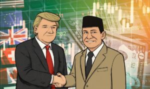 Doc. Ilustrasi Presiden Amerika Serikat Donald Trump dan Presiden Republik Indonesia Prabowo Subianto berjabat tangan sebagai simbol kesepakatan perdagangan bilateral antara Indonesia dan Amerika Serikat. Latar belakang menampilkan simbol mata uang dan grafik ekonomi global yang menggambarkan dampak perdagangan internasional. (Ilustrasi digital: Eko Wahyu – kawanjarinews.com).