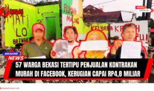 Doc. Korban dugaan penipuan jual beli kontrakan murah di wilayah Bekasi Barat memperlihatkan dokumen transaksi saat membuat laporan resmi. Latar belakang menunjukkan kondisi bangunan kontrakan yang telah dirobohkan, lengkap dengan coretan protes warga di dinding, sebagai bentuk kekecewaan atas kasus yang menyebabkan kerugian mencapai miliaran rupiah. (NR -kawanjarinews.com).