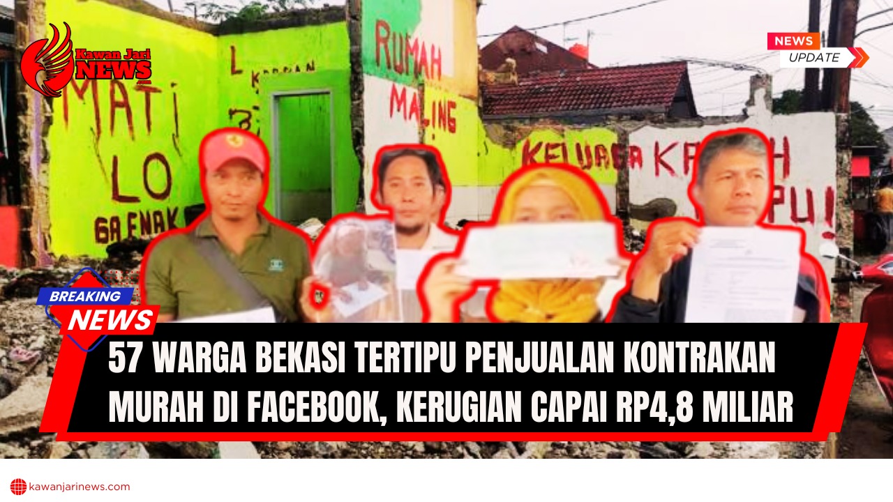 Doc. Korban dugaan penipuan jual beli kontrakan murah di wilayah Bekasi Barat memperlihatkan dokumen transaksi saat membuat laporan resmi. Latar belakang menunjukkan kondisi bangunan kontrakan yang telah dirobohkan, lengkap dengan coretan protes warga di dinding, sebagai bentuk kekecewaan atas kasus yang menyebabkan kerugian mencapai miliaran rupiah. (NR -kawanjarinews.com).