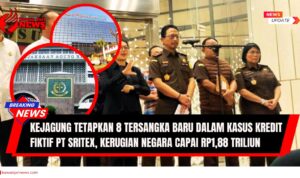 Doc. Konferensi pers Kejaksaan Agung Republik Indonesia saat mengumumkan penetapan delapan tersangka baru dalam kasus dugaan korupsi pemberian fasilitas kredit fiktif kepada PT Sri Rejeki Isman Tbk (Sritex). Kerugian negara akibat kasus ini diperkirakan mencapai lebih dari Rp1,88 triliun. (Foto: tangkapan layar/MetroTV – Desain: NR – kawanjarinews.com).