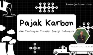 Doc. Ilustrasi bertema “Pajak Karbon dan Tantangan Transisi Energi Indonesia” menyoroti urgensi dan kompleksitas penerapan pajak karbon di tengah upaya pemerintah membangun ekosistem transisi energi hijau. Tampak dalam gambar berbagai simbol emisi karbon, energi fosil, serta senyawa hidrokarbon yang menggambarkan keterkaitan antara aktivitas industri dan perubahan iklim. Sosok Yulianto Kiswocahyono, SE, SH, BKP, konsultan pajak, turut ditampilkan sebagai narasumber yang menegaskan pentingnya desain kebijakan pajak karbon yang matang dan adil. (Ilustrasi – Eko Wahyu - kawanjarinews.com.).