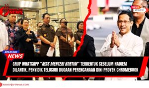 Doc. Ilustrasi kolase suasana konferensi pers Kejaksaan Agung RI dan kemunculan publik Nadiem Makarim, dikaitkan dengan dugaan perencanaan proyek Chromebook melalui grup WhatsApp “Mas Menteri Kortim” yang terbentuk sebelum pelantikannya sebagai Menteri Pendidikan, Kebudayaan, Riset, dan Teknologi. (Ilustrai: NR – kawanjarinews.com).