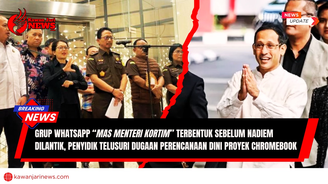 Doc. Ilustrasi kolase suasana konferensi pers Kejaksaan Agung RI dan kemunculan publik Nadiem Makarim, dikaitkan dengan dugaan perencanaan proyek Chromebook melalui grup WhatsApp “Mas Menteri Kortim” yang terbentuk sebelum pelantikannya sebagai Menteri Pendidikan, Kebudayaan, Riset, dan Teknologi. (Ilustrai: NR – kawanjarinews.com).