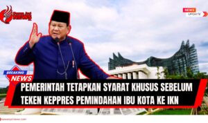 Doc. Ilustrasi visual yang menampilkan sosok Presiden Terpilih 2024–2029, Prabowo Subianto, dengan latar belakang gedung utama di kawasan Ibu Kota Nusantara (IKN). Gambar ini digunakan untuk memperkuat narasi berita terkait kebijakan pemerintah mengenai penetapan syarat khusus sebelum penandatanganan Keputusan Presiden (Keppres) tentang pemindahan ibu kota negara ke IKN. Catatan: Gambar ini merupakan ilustrasi semata dan tidak menggambarkan kondisi aktual maupun kejadian pada waktu dan tempat tertentu. (Sumber Foto: setneg.go.id – Ilustrasi: NR – kawanjarinews.com).