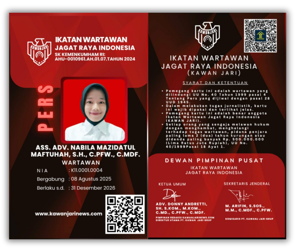 Doc. Contoh Kartu Tanda Anggota (KTA) resmi Ikatan Wartawan Jagat Raya Indonesia (Kawan Jari) yang telah terdaftar dan dilindungi berdasarkan Undang-Undang Nomor 40 Tahun 1999 tentang Pers. (Foto: Kawan Jari Official).