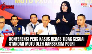Doc. Direktorat Tindak Pidana Ekonomi Khusus (Dittipideksus) Bareskrim Polri menggelar konferensi pers terkait pengungkapan kasus peredaran beras tidak sesuai standar mutu SNI, di Mabes Polri, Jakarta. Konferensi ini turut menghadirkan perwakilan dari Satgas Pangan, Kementerian Perdagangan, serta lembaga terkait lainnya. (NR – kawanjarinews.com).
