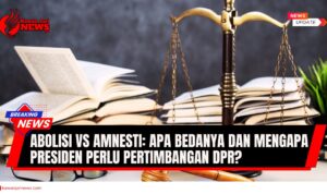 Doc. Gambar ini merupakan ilustrasi yang menggambarkan perbedaan antara abolisi dan amnesti. Timbangan menunjukkan keseimbangan keadilan, sementara buku-buku melambangkan hukum dan pertimbangan. Gambar ini tidak merepresentasikan kasus atau individu tertentu. Judul berita, "Abolisi vs Amnesti: Apa Bedanya dan Mengapa Presiden Perlu Pertimbangan DPR?", menunjukkan topik yang dibahas. (NR – kawanjarinews.com).