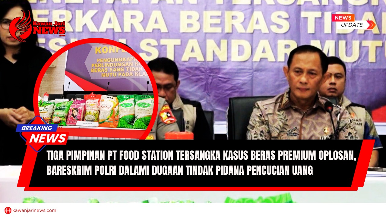 Doc. Kepala Satgas Pangan Polri, Brigjen Pol Helfi Assegaf (kanan), saat menyampaikan konferensi pers terkait pengungkapan kasus beras premium oplosan yang tidak memenuhi standar mutu nasional di Gedung Bareskrim Polri, Jakarta Selatan, 1 Agustus 2025. Di hadapannya ditampilkan berbagai merek beras hasil sitaan dari PT Food Station, yang menjadi barang bukti dalam kasus tersebut. (NR – kawanjarinews.com).