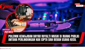 Doc. Ilustrasi menggambarkan dua skenario yang saling berkaitan, mewakili dua sisi dari polemik royalti musik di ruang publik. Di sebelah kiri, terlihat seseorang bekerja di kafe, menggunakan laptop, melambangkan usaha kecil yang terdampak kebijakan baru. Di sebelah kanan, terdapat gambar alat pemutar musik (piringan hitam/turntable), yang melambangkan industri musik dan hak cipta yang perlu dilindungi. Kedua gambar dipadukan dengan latar belakang yang bernuansa hangat dan sedikit gelap, untuk menunjukkan adanya perdebatan dan tantangan. Catatan: Gambar ini hanyalah ilustrasi dan tidak merepresentasikan situasi atau individu tertentu. (Ilustrasi: NR – kawanjarinews.com).