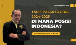 Doc. Yulianto Kiswocahyono, SE., SH., BKP, seorang konsultan pajak, dengan latar belakang judul "Tarif Pajak Global 2024-2025: Di Mana Posisi Indonesia?". Foto ini digunakan sebagai ilustrasi untuk artikel yang membahas tarif pajak global dan posisi Indonesia di dalamnya, dengan Yulianto sebagai narasumber. Gambar hanya ilustrasi. (Eko Wahyu – kawanjarinews.com).