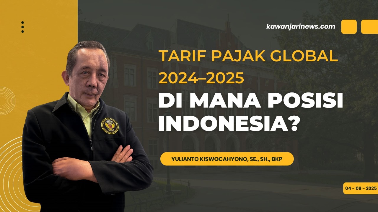 Doc. Yulianto Kiswocahyono, SE., SH., BKP, seorang konsultan pajak, dengan latar belakang judul "Tarif Pajak Global 2024-2025: Di Mana Posisi Indonesia?". Foto ini digunakan sebagai ilustrasi untuk artikel yang membahas tarif pajak global dan posisi Indonesia di dalamnya, dengan Yulianto sebagai narasumber. Gambar hanya ilustrasi. (Eko Wahyu – kawanjarinews.com).