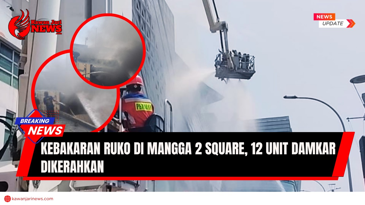 Doc. Petugas pemadam kebakaran dikerahkan menggunakan armada dan alat khusus untuk memadamkan api yang melanda ruko di kawasan Mangga 2 Square, Pademangan, Jakarta Utara, Senin (5/8/2025). Asap tebal terlihat membubung dari lantai 4 bangunan, sementara evakuasi pengunjung dan karyawan dilakukan untuk menghindari korban jiwa. (Sumber: Megapolitan).