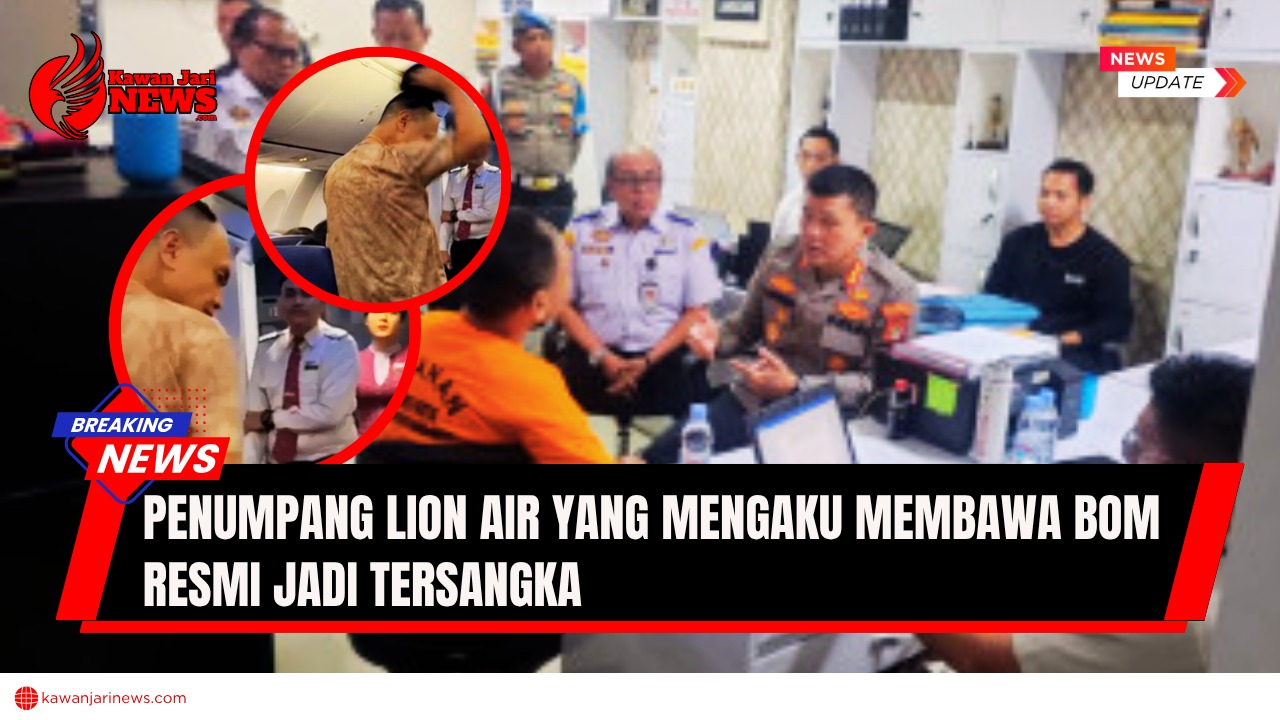 Doc. Aparat Polresta Bandara Soekarno-Hatta saat memeriksa penumpang Lion Air berinisial H (42) yang mengaku membawa bom di dalam pesawat. Ucapan tersebut menimbulkan kepanikan dan membuat H resmi ditetapkan sebagai tersangka. (Foto: HUMAS Polresta Bandara Soekarno-Hatta).