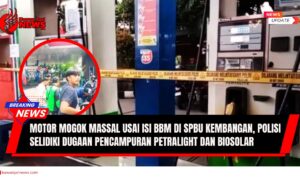 Doc. Petugas kepolisian telah memasang garis polisi di area dispenser SPBU di Kembangan, Jakarta Barat, setelah terjadi insiden mogok massal sepeda motor usai pengisian BBM. (NR – kawanjarinews.com).