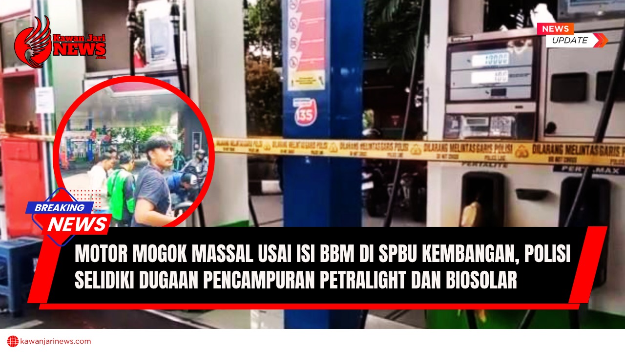 Doc. Petugas kepolisian telah memasang garis polisi di area dispenser SPBU di Kembangan, Jakarta Barat, setelah terjadi insiden mogok massal sepeda motor usai pengisian BBM. (NR – kawanjarinews.com).