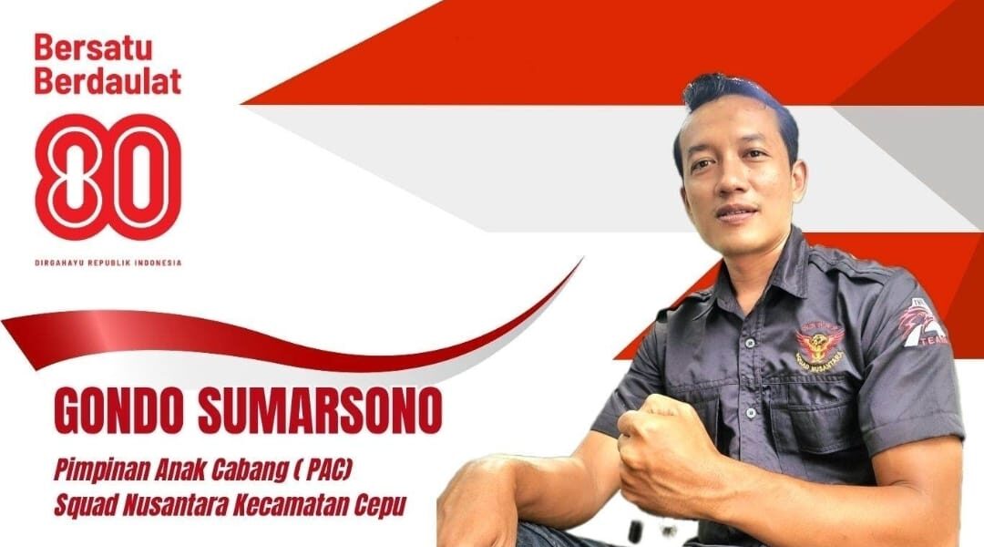 Doc. Gondo Sumarsono, Pimpinan Anak Cabang (PAC) Squad Nusantara Kecamatan Cepu, mengajak generasi muda mengisi kemerdekaan dengan aksi nyata dan positif bagi masyarakat. Dirinya menekankan pentingnya menjaga persatuan dan kesatuan bangsa sebagai bentuk penghormatan terhadap perjuangan para pahlawan. (Foto: Arden – kawanjarinews.com).