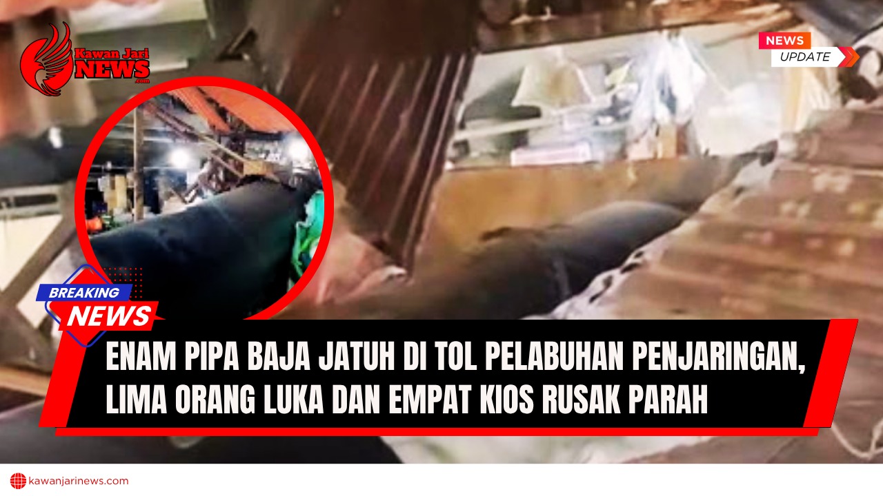 Doc. Enam pipa baja besar jatuh dari truk kontainer, menimpa empat kios di Pasar Cipluk, Rawa Bebek, dan melukai lima orang. Para korban langsung dilarikan ke klinik terdekat. Diduga rantai pengikat pipa putus. Sopir truk telah diamankan untuk penyelidikan lebih lanjut. Peristiwa ini menyebabkan kepanikan dan kerusakan parah pada kios-kios tersebut. Pihak berwenang masih menyelidiki penyebab pasti kecelakaan. (NR – kawanjarinews.com).