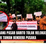 Doc. Suasana saat unjuk rasa berlangsung. Aksi ini merupakan bentuk penolakan terhadap rencana pengosongan pasar untuk proyek perluasan Taman Ayodya, Taman Leuser, dan Taman Langsat yang akan digabung menjadi Taman Bendera Pusaka. (NR – kawanjarinews.com).