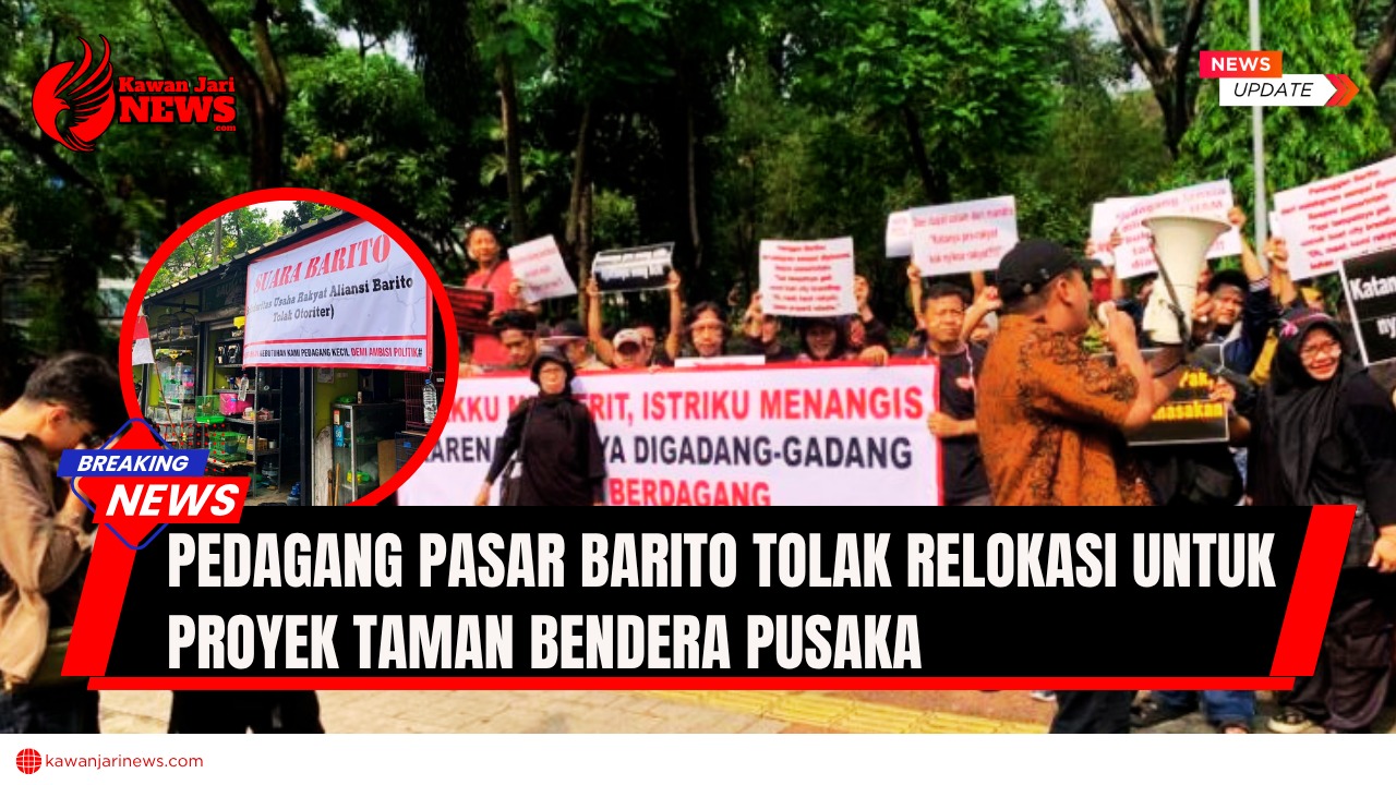 Doc. Suasana saat unjuk rasa berlangsung. Aksi ini merupakan bentuk penolakan terhadap rencana pengosongan pasar untuk proyek perluasan Taman Ayodya, Taman Leuser, dan Taman Langsat yang akan digabung menjadi Taman Bendera Pusaka. (NR – kawanjarinews.com).