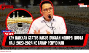 Doc. Gambar ilustrasi menunjukkan Deputi Penindakan dan Eksekusi KPK, Asep Guntur Rahayu. Kombinasi gambar Asep Guntur Rahayu dan latar belakang Ka'bah yang ramai jamaah haji secara visual mengambarkan pernyataan resmi KPK tentang peningkatan status kasus dugaan korupsi kuota haji ke tahap penyidikan dengan konteks ibadah haji. (NR – kawanjarinews.com).