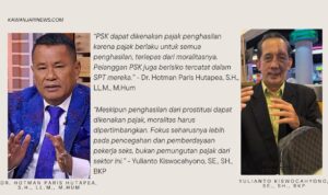 Doc. Pengacara Dr. Hotman Paris Hutapea (kiri) dan Konsultan Pajak Yulianto Kiswocahyono (kanan) memberikan pandangan berbeda terkait wacana pengenaan pajak penghasilan terhadap pekerja seks komersial. Hotman menilai pajak berlaku untuk semua penghasilan tanpa memandang moralitas, sementara Yulianto menekankan pentingnya mempertimbangkan aspek moral dan pemberdayaan sosial. (Foto: Eko Wahyu – kawanjarinews.com).