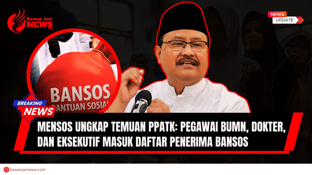 Doc. Gambar ilustrasi menggabungkan foto Menteri Sosial Saifulah Yusuf (Gus Ipul) dengan gambar karung bertuliskan "BANSOS Bantuan Sosial". Foto Mensos menunjukkan ekspresi serius, mengisyaratkan pentingnya isu yang dibahas. Gambar karung bansos merepresentasikan bantuan sosial yang menjadi fokus berita. Kombinasi kedua elemen ini secara visual menyampaikan pesan tentang pengungkapan temuan PPATK terkait penerima bansos yang tidak sesuai kriteria oleh Menteri Sosial. (NR – kawanjarinews.com).