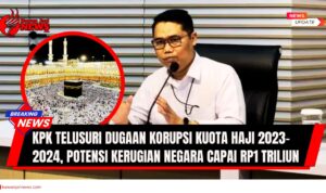 Doc. Asep Guntur Rahayu, Plt Deputi Bidang Penindakan dan Eksekusi KPK, dengan latar belakang foto Masjidil Haram yang dipenuhi jemaah haji. Komposisi ini secara visual mengambarkan kasus dugaan korupsi kuota haji yang sedang diselidiki oleh KPK. (NR – kawanjarinews.com).