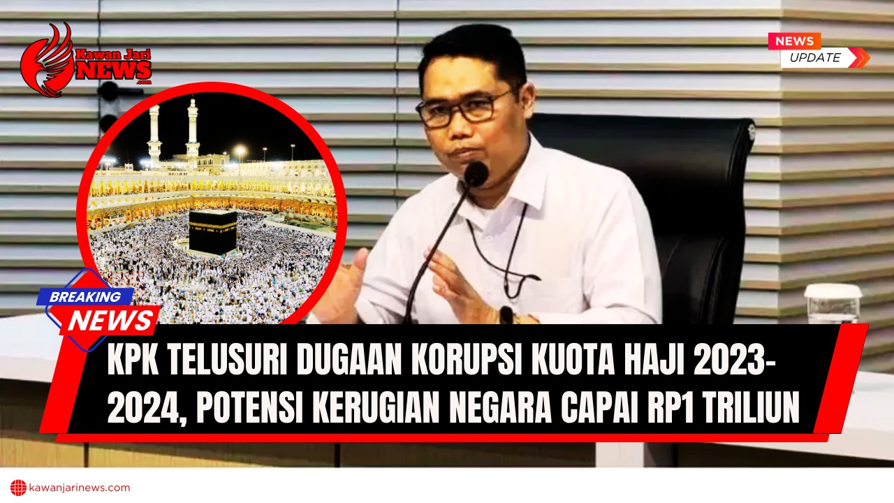 Doc. Asep Guntur Rahayu, Plt Deputi Bidang Penindakan dan Eksekusi KPK, dengan latar belakang foto Masjidil Haram yang dipenuhi jemaah haji. Komposisi ini secara visual mengambarkan kasus dugaan korupsi kuota haji yang sedang diselidiki oleh KPK. (NR – kawanjarinews.com).