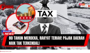 Doc. Gambar ilustrasi (hanya ilustrasi) ini menggabungkan beberapa elemen yang merepresentasikan isu kenaikan pajak daerah: Lingkaran Kiri Atas: Ilustrasi rumah dan koin, mewakili properti dan nilai pajak. Ilustrasi Utama: Sosok mengenakan jas dengan kepala berupa karung bertuliskan "TAX", menggambarkan beban pajak yang menekan. Latar Belakang: Pemandangan lahan, mungkin mewakili tanah yang dikenakan pajak. Kombinasi elemen-elemen ini secara visual menyampaikan pesan tentang kenaikan pajak daerah yang menjadi beban bagi masyarakat. (NR – kawanjarinews.com).