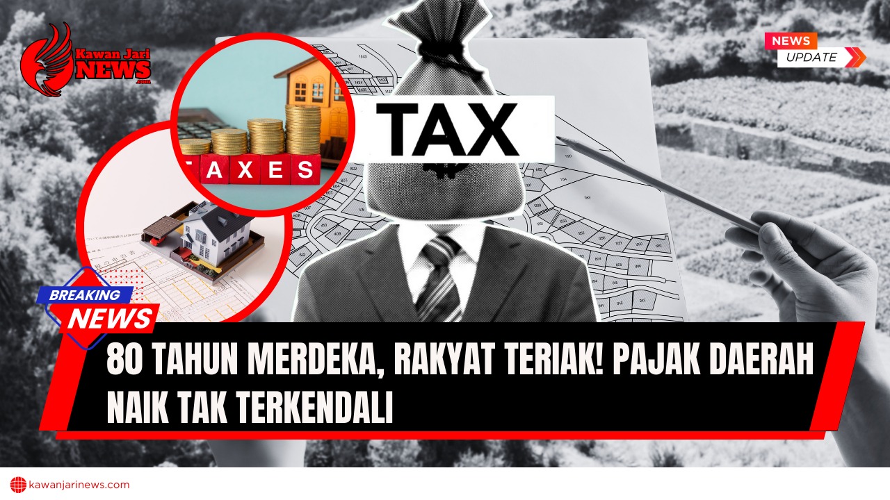 Doc. Gambar ilustrasi (hanya ilustrasi) ini menggabungkan beberapa elemen yang merepresentasikan isu kenaikan pajak daerah: Lingkaran Kiri Atas: Ilustrasi rumah dan koin, mewakili properti dan nilai pajak. Ilustrasi Utama: Sosok mengenakan jas dengan kepala berupa karung bertuliskan "TAX", menggambarkan beban pajak yang menekan. Latar Belakang: Pemandangan lahan, mungkin mewakili tanah yang dikenakan pajak. Kombinasi elemen-elemen ini secara visual menyampaikan pesan tentang kenaikan pajak daerah yang menjadi beban bagi masyarakat. (NR – kawanjarinews.com).