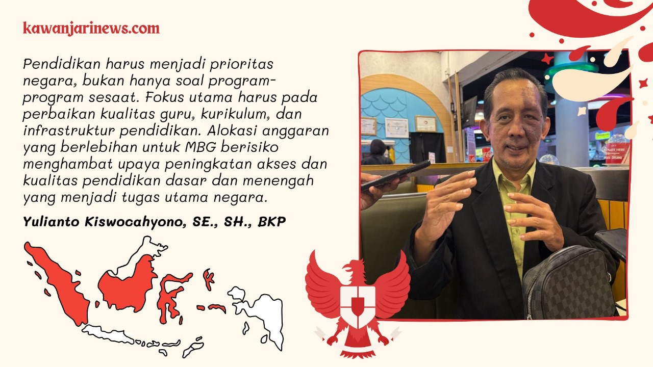 Doc. Yulianto Kiswocahyono, SE., SH., BKP., Konsultan Pajak Senior sekaligus Ketua Komite Tetap Bidang Fiskal dan Moneter KADIN Jawa Timur, saat memberikan pandangan terkait alokasi anggaran pendidikan dalam RAPBN 2026. (Foto: Eko Wahyu – kawanjarinews.com.