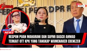 Doc. Ketua DPR RI Puan Maharani bersama Wakil Ketua DPR RI Sufmi Dasco Ahmad memberikan keterangan pers terkait penangkapan Wakil Menteri Ketenagakerjaan Ebenezer oleh KPK dalam operasi tangkap tangan (OTT). Puan menegaskan bahwa proses hukum harus dijalankan secara transparan sesuai aturan yang berlaku. (NR – kawanjarinews.com).