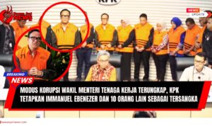 Doc. Wakil Menteri Tenaga Kerja Immanuel Ebenezer Gerungan alias Noel bersama sejumlah tersangka lain mengenakan rompi oranye tahanan KPK saat konferensi pers di Gedung Merah Putih, Jakarta. KPK menetapkan Noel dan 10 orang lainnya sebagai tersangka kasus dugaan korupsi penggelembungan biaya sertifikasi Keselamatan dan Kesehatan Kerja (K3) yang merugikan para pekerja. (NR -kawanjarinews.com).