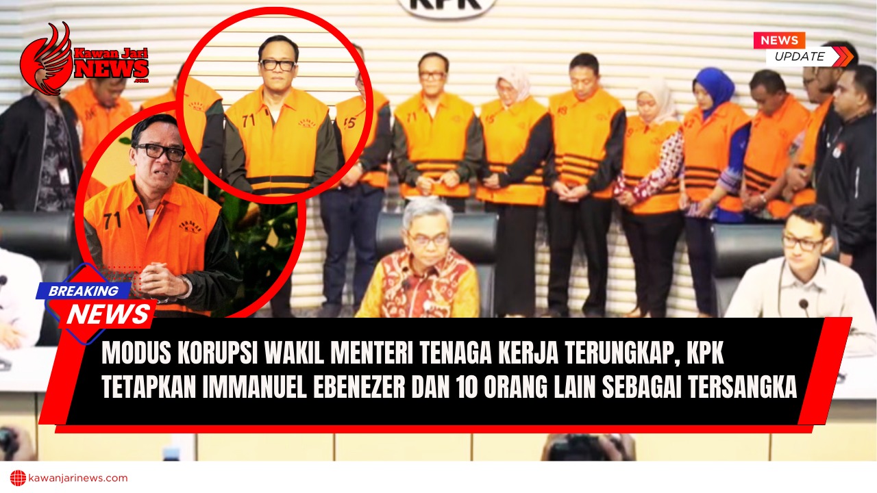 Doc. Wakil Menteri Tenaga Kerja Immanuel Ebenezer Gerungan alias Noel bersama sejumlah tersangka lain mengenakan rompi oranye tahanan KPK saat konferensi pers di Gedung Merah Putih, Jakarta. KPK menetapkan Noel dan 10 orang lainnya sebagai tersangka kasus dugaan korupsi penggelembungan biaya sertifikasi Keselamatan dan Kesehatan Kerja (K3) yang merugikan para pekerja. (NR -kawanjarinews.com).