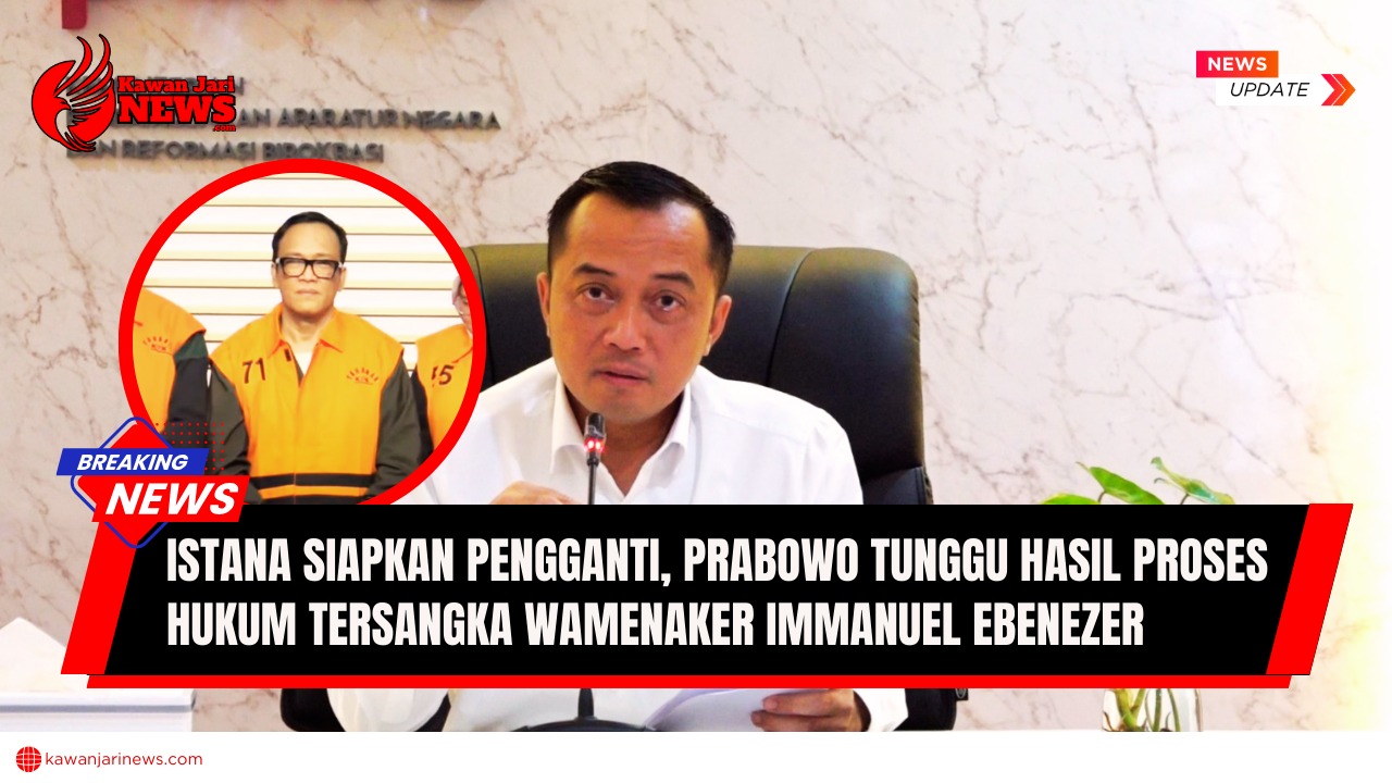 Doc. Menteri Sekretaris Negara Prasetyo Hadi saat memberikan keterangan pers. Pada lingkaran merah, Wakil Menteri Ketenagakerjaan Immanuel Ebenezer. Catatan: Foto ini hanya merupakan ilustrasi dan tidak diambil pada saat Menteri Sekretaris Negara menyampaikan pernyataan resmi terkait kasus hukum Immanuel Ebenezer. (NR – kawanjarinews.com).