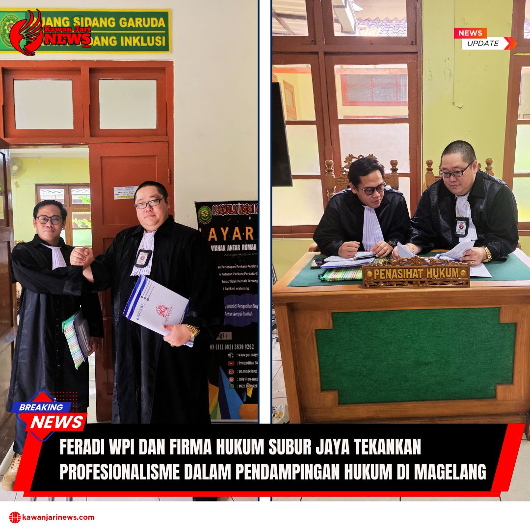 Doc. Tim kuasa hukum FERADI WPI dan Firma Hukum Subur Jaya, Adv. Donny Andretti, S.H., S.Kom., M.Kom., CMD., C.PFW., C.MDF., bersama Adv. Markus Wijaya, S.H., C.MDF., C.PFW., saat mendampingi perkara dugaan tindak pidana penipuan dan penggelapan di Pengadilan Negeri Magelang. (Foto: Nabila – Kontributor -KawanJariNews.com).