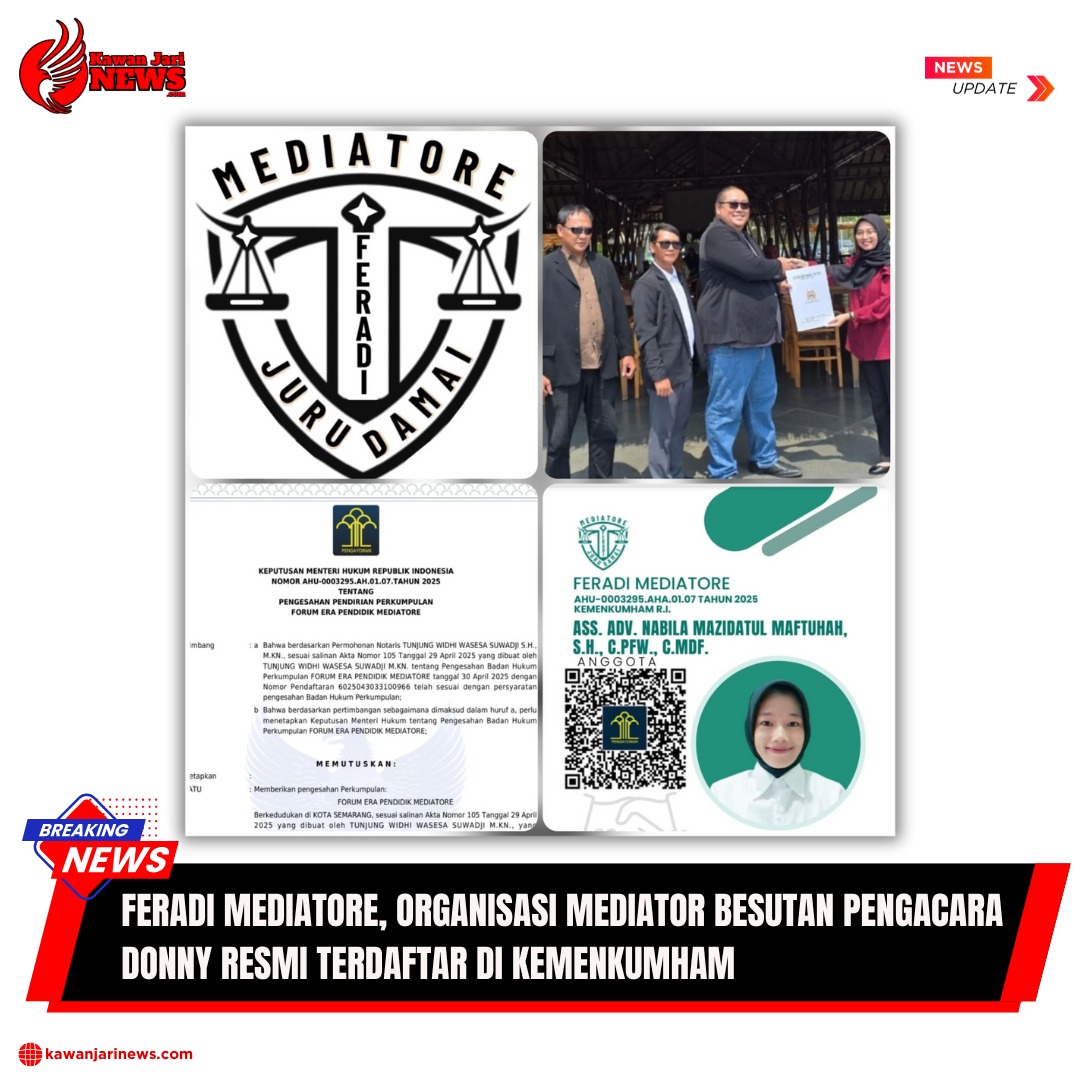 Doc. Kollase dokumentasi FERADI MEDIATORE meliputi: logo organisasi, prosesi serah terima SK pengesahan, salinan SK Kemenkumham RI AHU-0003295.AH.01.07.Tahun 2025, serta contoh Kartu Tanda Anggota (KTA) resmi. (Foto: FERADI MEDIATORE Official).