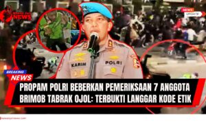 Doc. Ilustrasi konferensi pers perwakilan Propam Polri terkait pemeriksaan tujuh anggota Brimob dalam kasus tabrakan ojek online di Jakarta. Pada latar belakang, tergambar rekonstruksi kejadian saat korban tertabrak kendaraan taktis (rantis). Dalam kolase lingkaran, ditampilkan foto almarhum korban, Afan. (NR – KawanJariNews.com).