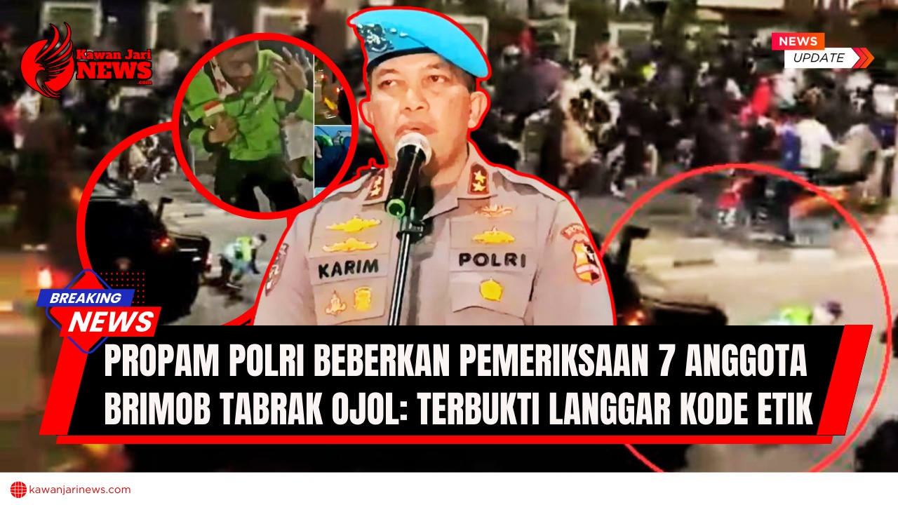 Doc. Ilustrasi konferensi pers perwakilan Propam Polri terkait pemeriksaan tujuh anggota Brimob dalam kasus tabrakan ojek online di Jakarta. Pada latar belakang, tergambar rekonstruksi kejadian saat korban tertabrak kendaraan taktis (rantis). Dalam kolase lingkaran, ditampilkan foto almarhum korban, Afan. (NR – KawanJariNews.com).