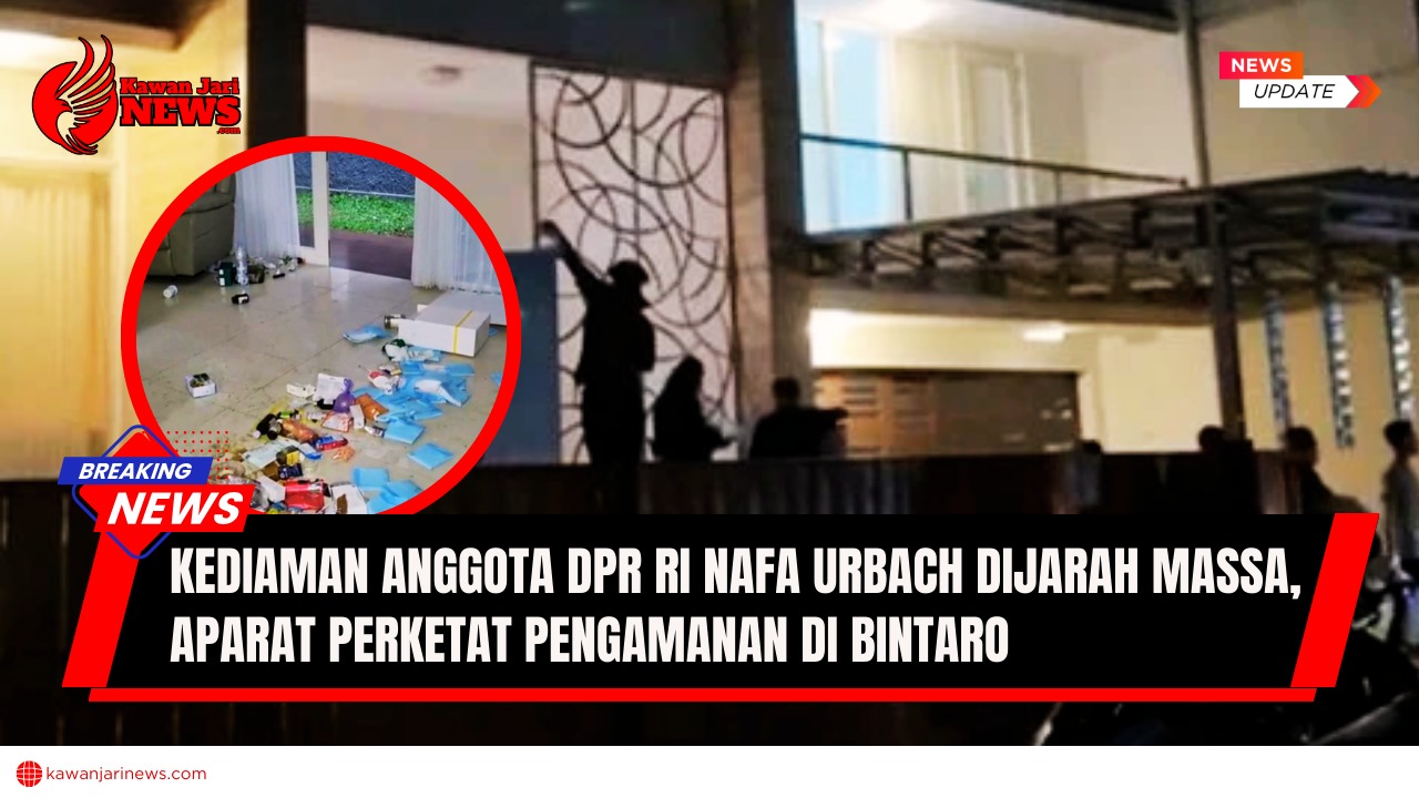 Doc. Situasi di sekitar kediaman anggota DPR RI sekaligus selebriti, Nafa Urbach, di kawasan Bintaro, Tangerang Selatan, usai aksi penjarahan pada Minggu dini hari (31/8). Dalam kolase terlihat salah satu sudut dalam rumah yang berantakan. (NR – KawanJariNews.com).
